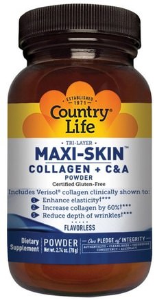 Maxi-Skin Collagen + C & A Powder, Flavorless, 2.74 oz (78 g) by Country Life-Hälsa, Ben, Osteoporos, Kollagen, Kvinnor, Hud