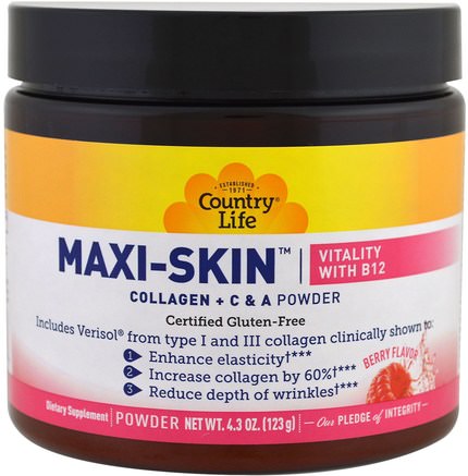 Maxi-Skin, Vitality with B12, Berry Flavor, Powder, 4.3 oz (123 g) by Country Life-Hälsa, Ben, Osteoporos