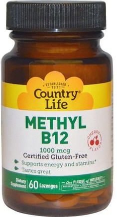 Methyl B12, Cherry Flavor, 1000 mcg, 60 Lozenges by Country Life-Vitaminer, Vitamin B12, Vitamin B12 - Metylcobalamin