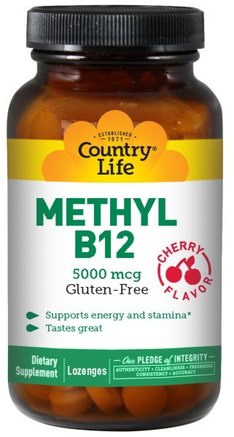 Methyl B12, Cherry Flavor, 5000 mcg, 60 Lozenges by Country Life-Vitaminer, Vitamin B, Vitamin B12, Vitamin B12 - Metylcobalamin
