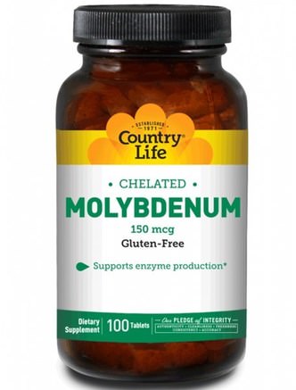 Molybdenum, Chelated, 150 mcg, 100 Tablets by Country Life-Kosttillskott, Antioxidanter, Selen, Molybden, Mineraler