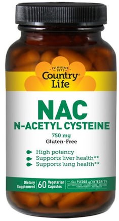 NAC, N-Acetyl Cysteine, 750 mg, 60 Veggie Caps by Country Life-Kosttillskott, Aminosyror, Nac (N Acetylcystein)