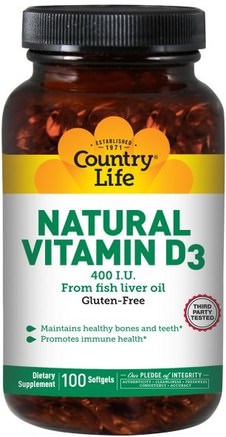 Natural Vitamin D3, 400 IU, 100 Softgels by Country Life-Kosttillskott, Efa Omega 3 6 9 (Epa Dha), Fiskolja, Vitaminer