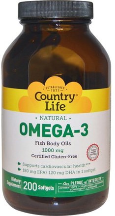 Omega-3, 1000 mg, 200 Softgels by Country Life-Kosttillskott, Efa Omega 3 6 9 (Epa Dha), Fiskolja
