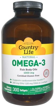 Omega-3, 1000 mg, 300 Softgels by Country Life-Kosttillskott, Efa Omega 3 6 9 (Epa Dha), Fiskolja