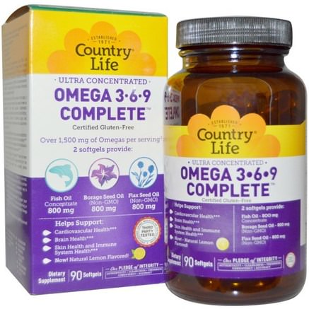 Ultra Concentrated Omega 3-6-9 Complete, Natural Lemon, 90 Softgels by Country Life-Kosttillskott, Efa Omega 3 6 9 (Epa Dha), Fiskolja