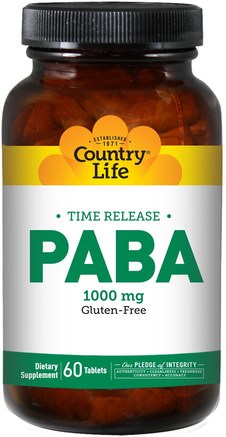 PABA, Time Release, 1000 mg, 60 Tablets by Country Life-Vitaminer, Paba