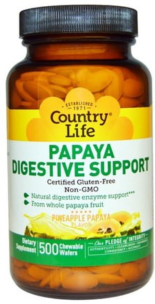 Papaya Digestive Support, Pineapple Papaya Flavor, 500 Chewable Wafers by Country Life-Kosttillskott, Enzymer, Papaya Papain, Matsmältningsenzymer