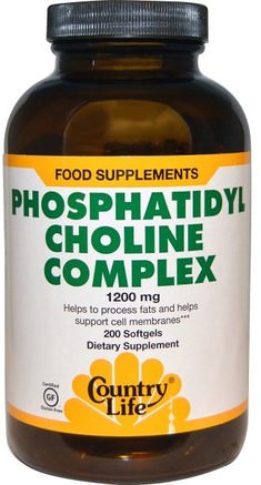 Phosphatidyl Choline Complex, 1200 mg, 200 Softgels by Country Life-Vitaminer, Kolin, Fosfatidylkolin