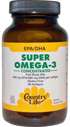 Super Omega-3, Concentrated, 60 Softgels by Country Life-Kosttillskott, Efa Omega 3 6 9 (Epa Dha), Fiskolja