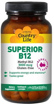 Superior B12, Berry Flavor, 3000 mcg, 50 Sublingual Lozenges by Country Life-Vitaminer, Vitamin B12