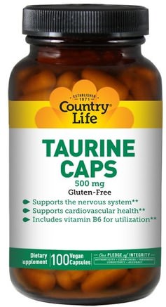 Taurine Caps, 500 mg, 100 Vegan Caps by Country Life-Kosttillskott, Aminosyror, Taurin