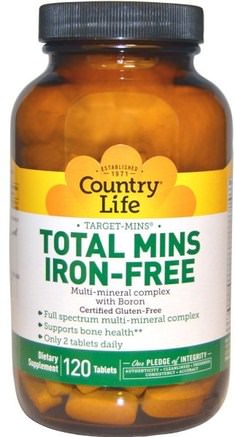 Total Mins Iron-Free, Multi-Mineral Complex with Boron, 120 Tablets by Country Life-Kosttillskott, Mineraler, Flera Mineraler