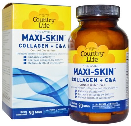 Tri Layer Maxi-Skin, Collagen Plus CA, 90 Tablets by Country Life-Hälsa, Kvinnor, Hud, Hårtillskott, Nageltillskott, Hudtillskott