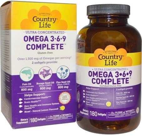 Ultra Concentrated Omega 3-6-9 Complete, Natural Lemon, 180 Softgels by Country Life-Kosttillskott, Efa Omega 3 6 9 (Epa Dha), Omega 369 Caps / Tabs