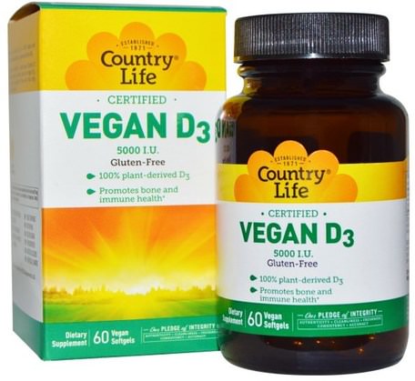 Vegan D3, 5000 IU, 60 Vegan Softgels by Country Life-Vitaminer, Vitamin D3