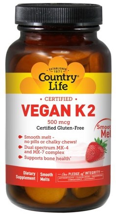 Vegan K2, Strawberry, 500 mcg, 60 Smooth Melts by Country Life-Vitaminer, Vitamin K