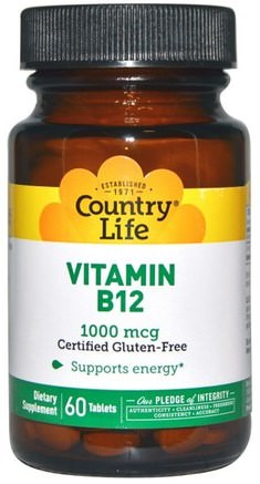 Vitamin B12, 1000 mcg, 60 Tablets by Country Life-Vitaminer, Vitamin B12, Vitamin B12 - Cyanokobalamin