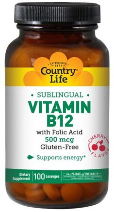 Vitamin B12, Sublingual, Cherry Flavor, 500 mcg, 100 Lozenges by Country Life-Vitaminer, Vitamin B12, Vitamin B12 - Cyanokobalamin