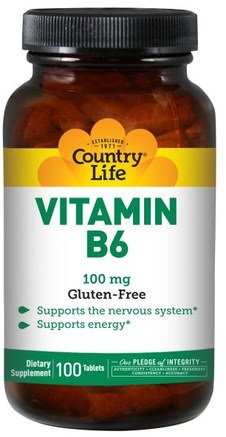 Vitamin B6, 100 mg, 100 Tablets by Country Life-Vitaminer, Vitamin B6 - Pyridoxin
