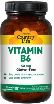 Vitamin B6, 50 mg, 100 Tablets by Country Life-Vitaminer, Vitamin B6 - Pyridoxin