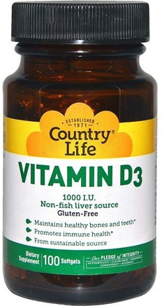 Vitamin D3, 1000 IU, 100 Softgels by Country Life-Vitaminer, Vitamin D3