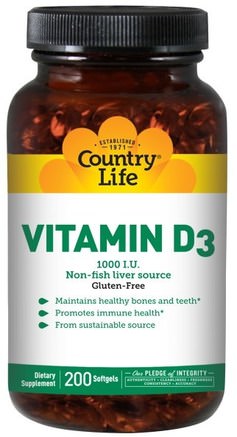 Vitamin D3, 1000 IU, 200 Softgels by Country Life-Vitaminer, Vitamin D3