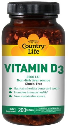 Vitamin D3, 2500 I.U., 200 Softgels by Country Life-Vitaminer, Vitamin D3