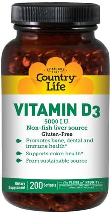 Vitamin D3, 5.000 IU, 200 Softgels by Country Life-Vitaminer, Vitamin D3