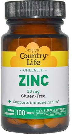 Zinc, Chelated, 50 mg, 100 Tablets by Country Life-Kosttillskott, Mineraler, Zink