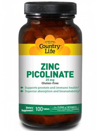 Zinc Picolinate, 25 mg, 100 Tablets by Country Life-Kosttillskott, Mineraler, Zink