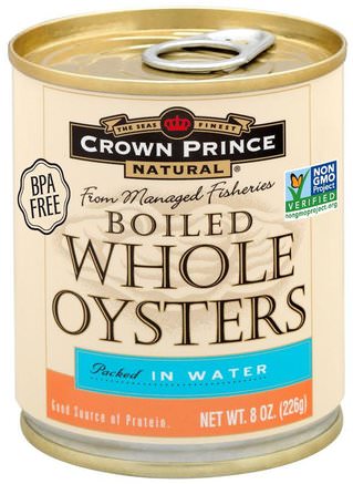 Boiled Whole Oysters, Packed In Water, 8 oz (226 g) by Crown Prince Natural-Mat, Tonfisk Och Skaldjur, Kronprins Naturliga Ostron Och Musslor
