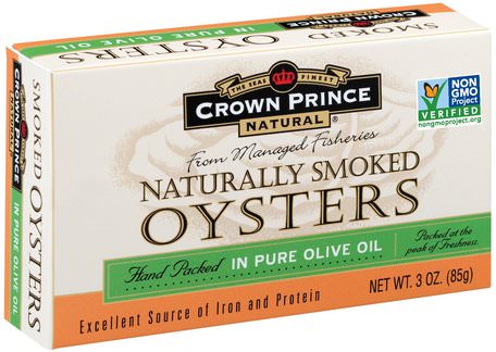 Naturally Smoked Oysters, In Pure Olive Oil, 3 oz (85 g) by Crown Prince Natural-Mat, Tonfisk Och Skaldjur, Kronprins Naturliga Ostron Och Musslor