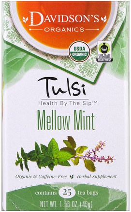 Tulsi, Mellow Mint Tea, Caffeine-Free, 25 Tea Bags, 1.58 oz (45 g) by Davidsons Tea-Mat, Örtte, Tulsi Te