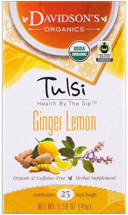 Tulsi, Organic Ginger Lemon Tea, Caffeine-Free, 25 Tea Bags, 1.58 oz (45 g) by Davidsons Tea-Mat, Örtte, Gingerte