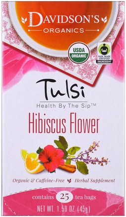 Tulsi, Organic Hibiscus Flower Tea, Caffeine-Free, 25 Tea Bags, 1.58 oz (45 g) by Davidsons Tea-Mat, Örtte, Hibiskus