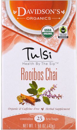 Tulsi, Organic Rooibos Chai Tea, Caffeine-Free, 25 Tea Bags, 1.58 oz (45 g) by Davidsons Tea-Mat, Örtte, Tulsi Te