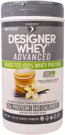 Designer Whey Advanced, Grass Fed 100% Whey Protein, Vanilla Cookies & Cream, 1.85 lb (840 g) by Designer Protein-Kosttillskott, Vassleprotein, Sportprotein