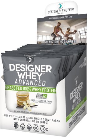 Designer Whey Advanced, Grass Fed 100% Whey Protein, Vanilla Cookies & Cream, 12 Packs, 1.38 oz (39 g) Each by Designer Protein-Kosttillskott, Vassleprotein Skakningar