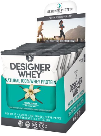 Designer Whey, Natural 100% Whey Protein, French Vanilla, 12 Packs, 1.09 oz (31 g) Each by Designer Protein-Kosttillskott, Vassleproteinstänger