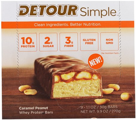 Simple, Whey Protein Bars, Caramel Peanut, 9 Bars, 1.1 oz (30 g) Each by Detour-Sport, Protein Barer, Snacks, Hälsosam Tilltugg