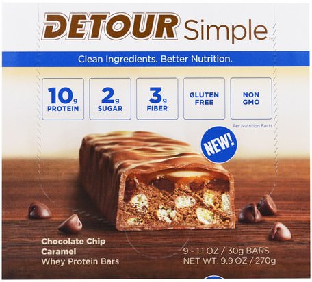 Simple, Whey Protein Bars, Chocolate Chip Caramel, 9 Bars, 1.1 oz (30 g) Each by Detour-Sport, Protein Barer
