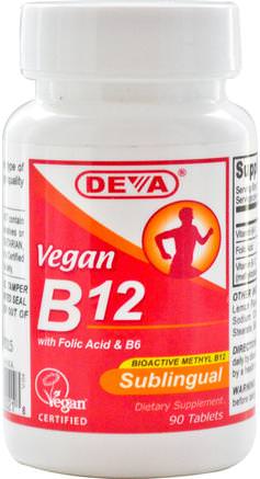 Vegan, B12, Sublingual, 90 Tablets by Deva-Vitaminer, Vitamin B, Vitamin B12, Vitamin B12 - Metylcobalamin