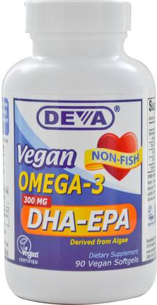 Vegan, Omega-3, DHA-EPA, 300 mg, 90 Vegan Softgels by Deva-Kosttillskott, Efa Omega 3 6 9 (Epa Dha), Omega 369 Cap / Flikar, Dha, Epa