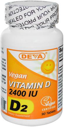 Vegan, Vitamin D, D2, 2400 IU, 90 Tablets by Deva-Vitaminer, Vitamin D3, Vitamin D 2 (Ergocalciferol)