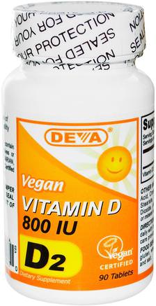 Vegan, Vitamin D, D2, 800 IU, 90 Tablets by Deva-Vitaminer, Vitamin D3, Vitamin D 2 (Ergocalciferol)
