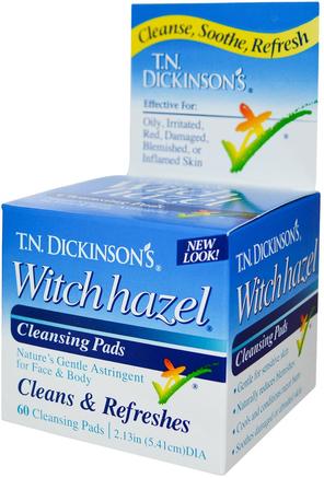 T.N. Dickinsons Witch Hazel Cleansing Pads, 60 Pads, 2.13 in (5.41 cm) dia by Dickinson Brands-Skönhet, Ansiktsvård, Ansiktsrengöring, Hud