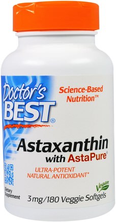 Astaxanthin With AstaPure, 3 mg, 180 Veggie Softgels by Doctors Best-Kosttillskott, Antioxidanter, Astaxanthin