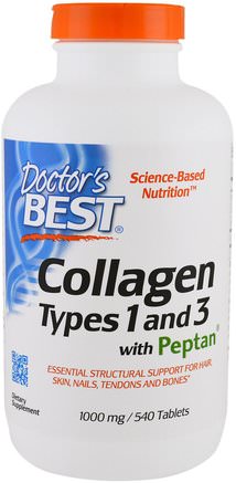 Collagen Types 1 and 3 with Peptan, 1.000 mg, 540 Tablets by Doctors Best-Hälsa, Ben, Osteoporos, Kollagen