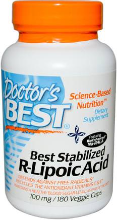 Best Stabilized R-Lipoic Acid, 100 mg, 180 Veggie Caps by Doctors Best-Kosttillskott, Antioxidanter, Alfa-Liposyra, R-Liposyra